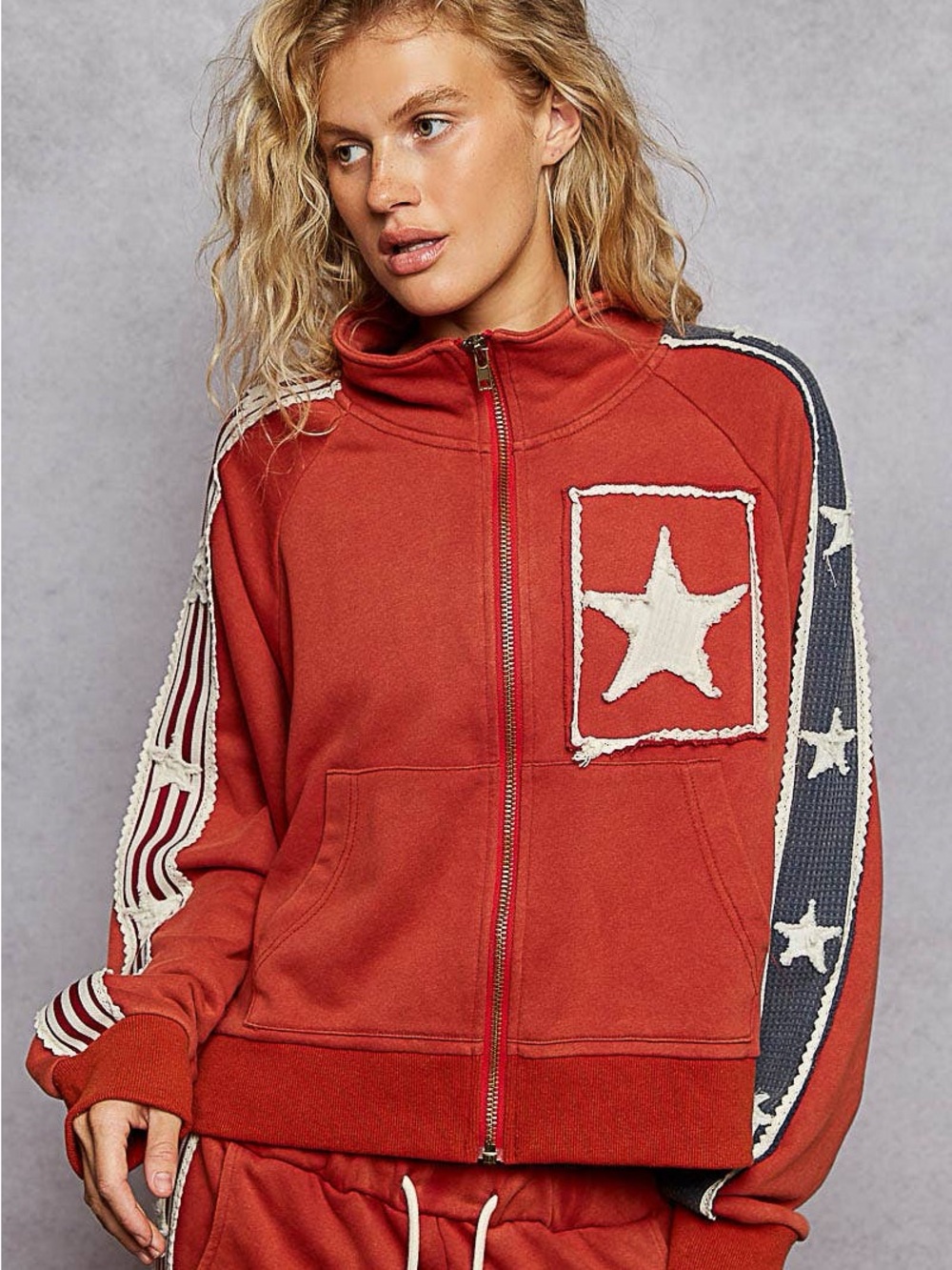 Long sleeve French terry star patch striped elastic jacket